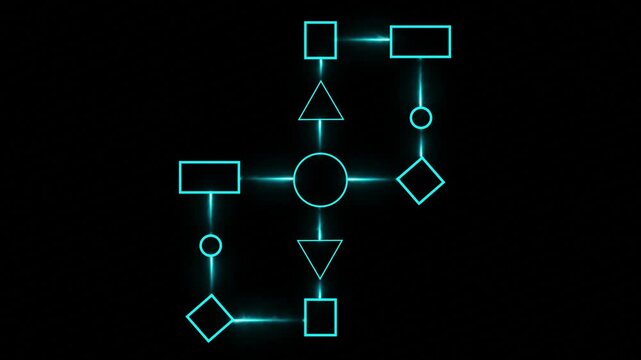 Business process and workflow automation with flowchart. Business and technology concept. Visualizes step-by-step progression through a procedure or system on black background.