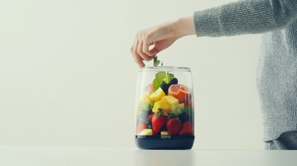 Hypertension patient preparing a smoothie with fruits and greens. Featuring healthy nutrition and wellness