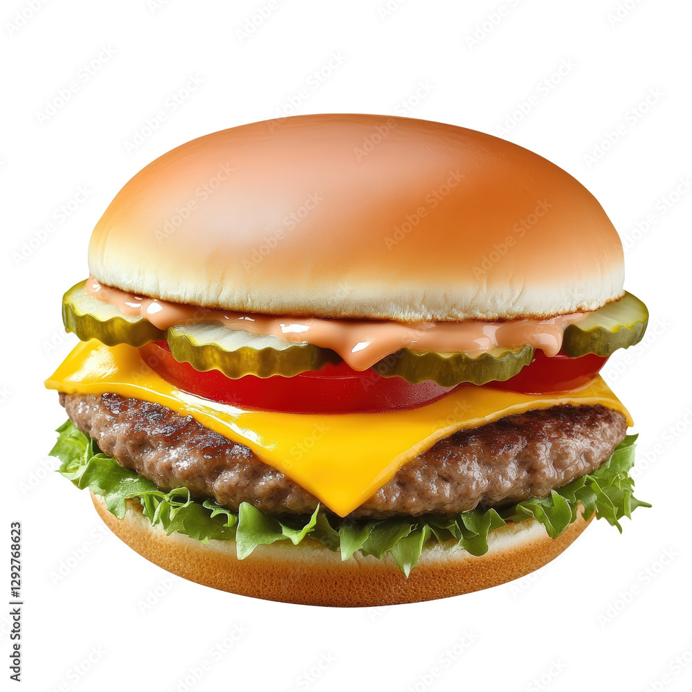 Poster A deliciously stacked cheeseburger with fresh lettuce and toppings served on a plate capturing the essence of fast food isolated on transparent background..