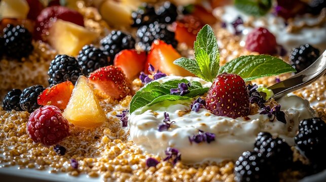 Closeup of creamy malian degue with fresh berries gourmet setting culinary art vibrant colors food photography
