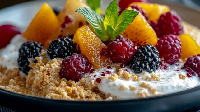 Delicious closeup of malian degue with fresh fruits african cuisine gourmet indoor top-down view
