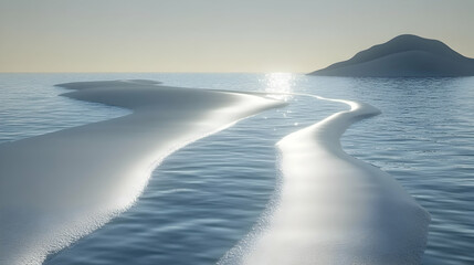 Obraz premium Serene winter landscape; snow-covered land meets tranquil blue water, creating a mesmerizing path towards a distant island under a soft light.