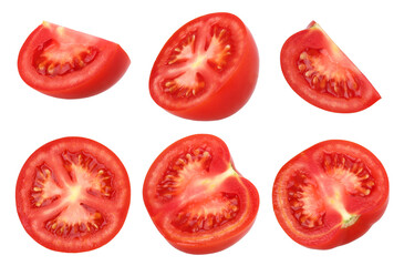Half and slices tomatoes isolated, transparent PNG, PNG format, Collection, cut out, Juicy tomatoes