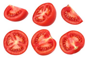 Half and slices tomatoes isolated, transparent PNG, PNG format, Collection, cut out, Juicy tomatoes
