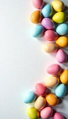 Obraz premium Colorful Easter eggs scattered on white paper, spring, decoration