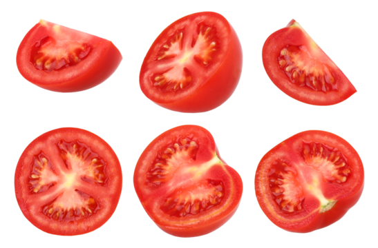 Half and slices tomatoes isolated, transparent PNG, PNG format, Collection, cut out, Juicy tomatoes