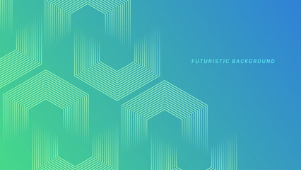 Green and blue gradient background with hexagon geometric lines pattern. Abstract shiny hexagon lines. Futuristic technology concept