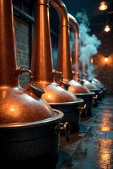 Copper brewing vats with steam rising from taps, distillation, copper