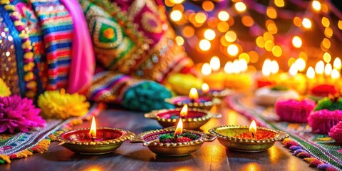 Vibrant diyas placed on a low table