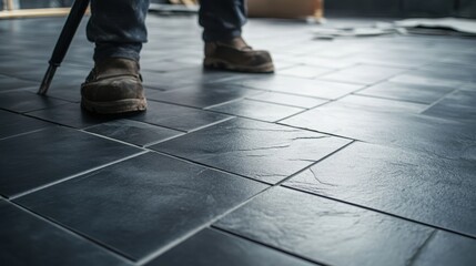 Obraz premium Dark slate tile floor, worker's boots. Shows new flooring installation, ideal for construction or home improvement.
