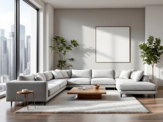 Fototapeta premium Minimalist living room background, perfect for interior design, home decor, Scandinavian aesthetics, modern architecture, cozy ambiance, real estate, natural lighting, luxury homes, and contemporary s