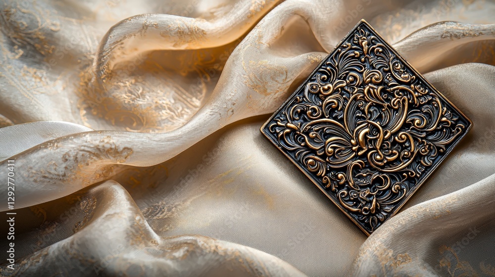 Poster intricate metallic square thai motif on silky fabric cultural art display elegant texture close-up v