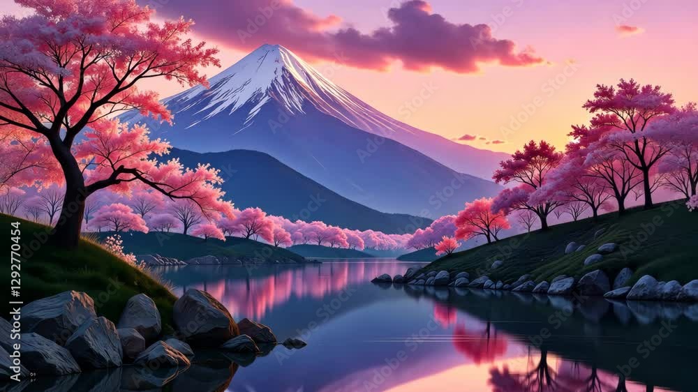 Poster a mountain range with pink trees in the foreground. the mountains are in the background