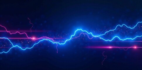 Electric blue neon lines on dark background with laser beams and lightning bolt effects, thunderbolt, sparks