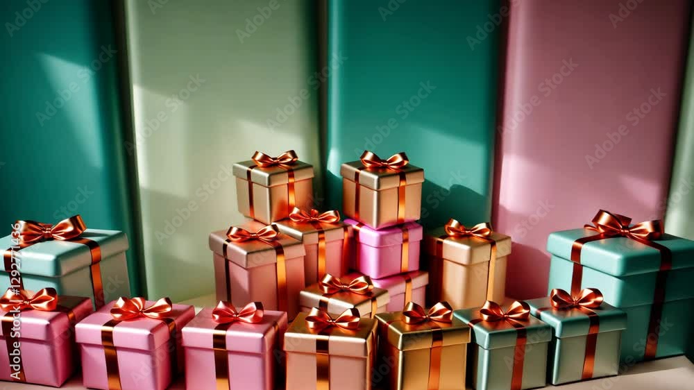 Aufkleber A stack of colorful boxes with pink bows on them. The boxes are of different sizes and colors