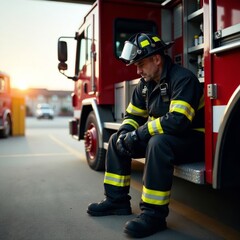 Fototapeta premium exhausted firefighter sits on truck at fire station , helmet, duty