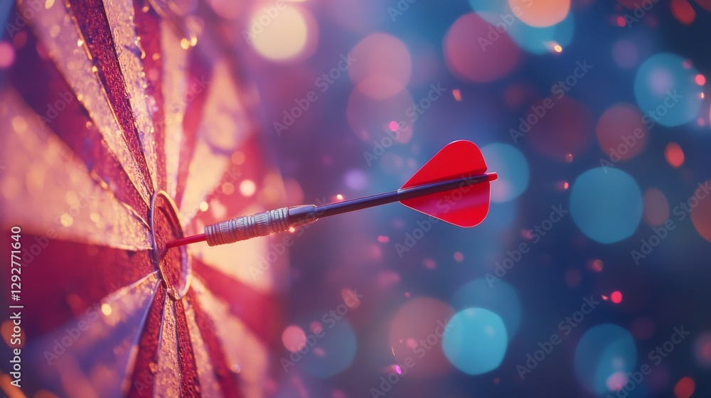 Poster Close-up of a red dart hitting the bullseye on a dartboard with colorful bokeh lights in the background. Precision and success concept