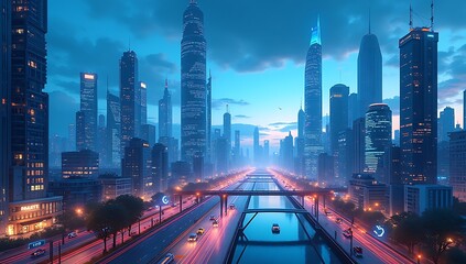 Fototapeta premium AI-Powered Smart City – A Futuristic Illustration Showcasing a Digital Metropolis with Automated Systems and IoT Connectivity
