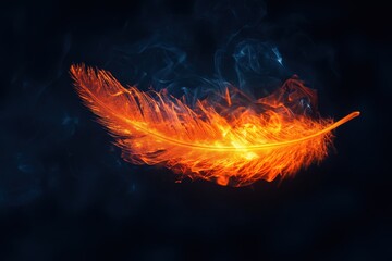 Fototapeta premium Fiery feather ablaze against dark smoky background. Ideal for fantasy, passion, or spiritual themes.
