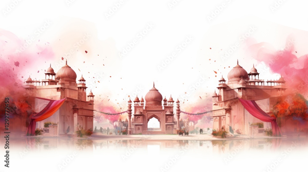 Poster watercolor artwork of architectural structures with generative design