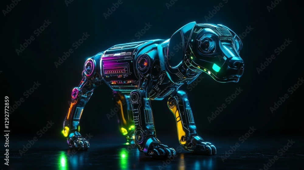 Poster futuristic robotic dog glowing with colorful neon lights on a dark background. advanced technology a