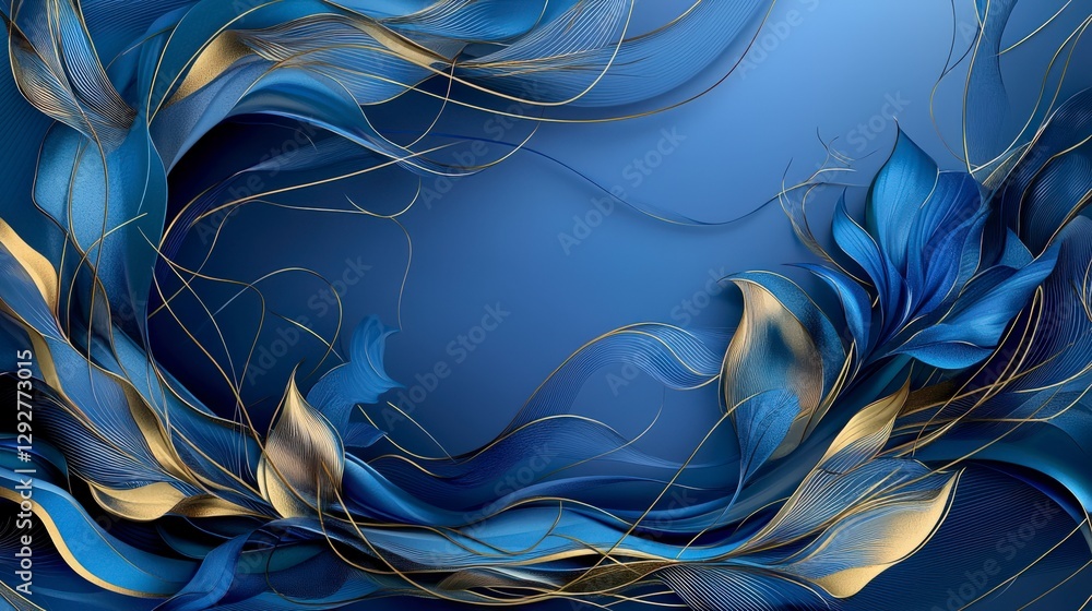 Poster flowing kanok pattern design with curves digital art blue and gold theme abstract close-up aesthetic