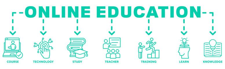 Online education banner web icon vector illustration concept with icon of course, technology, study, teacher, training, learn and knowledge 