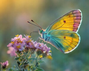 Obraz premium Vibrant butterfly on wildflowers at sunrise