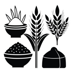 Vector icons set featuring wheat, food, and drink symbols for kitchen and restaurant designs
