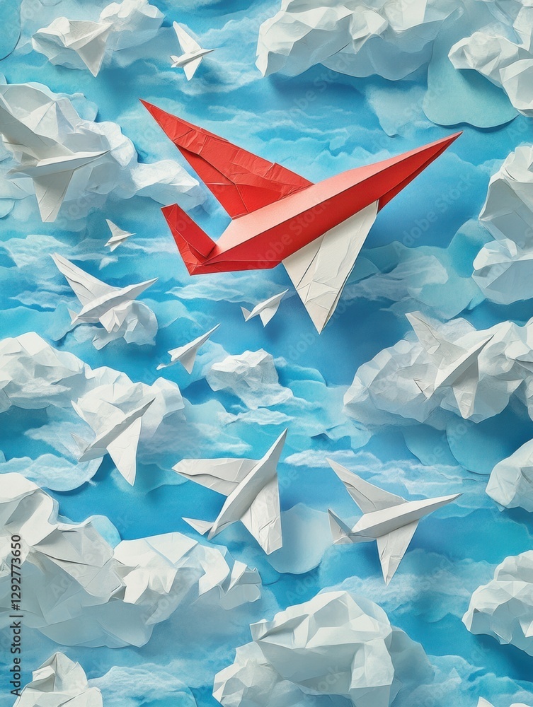 Poster red and white airplane leading a formation of paper planes in a vibrant blue sky with fluffy clouds.