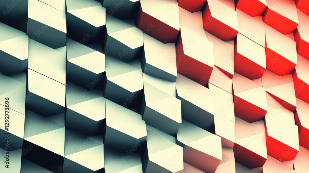 Poster abstract geometric pattern with 3d cubes in red, white, and blue tones creating depth