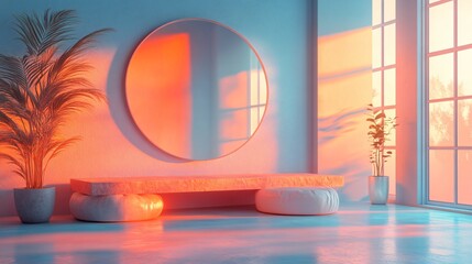 Minimalist modern interior with geometric shapes and warm sunset lighting
