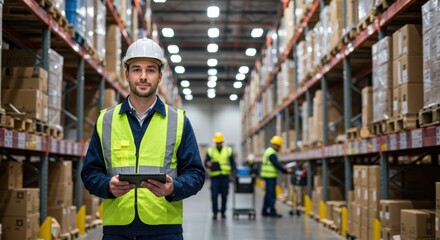 Handsome warehouse worker in a hard hat scanning inventory with a tablet computer.