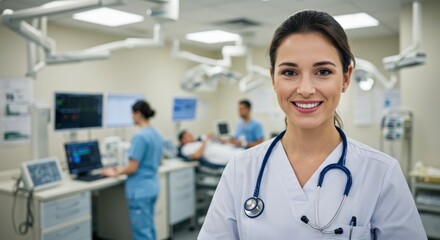 A confident female nurse smiling warmly in a modern hospital setting.