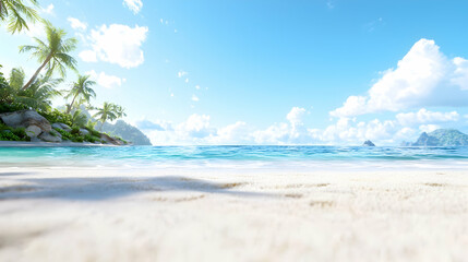Tropical beach paradise sunny day, palm trees, ocean view, ideal for travel brochures