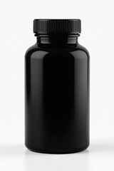 Empty black plastic supplement bottle with cap, isolated , white, pharmacy