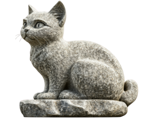 photorealistic rendering of stone cat sculpture, showcasing intricate details and textures. cat sits gracefully on stone base, exuding serene and timeless presence