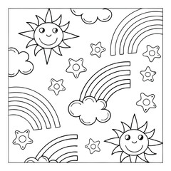 Playful Sky Pattern Coloring Sheet with Sun, Stars, and Rainbows