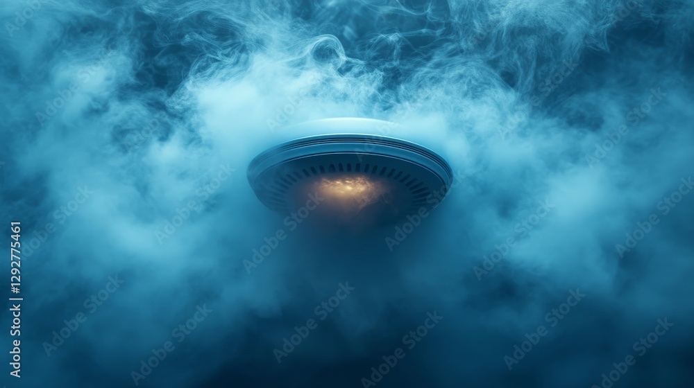 Poster alien spaceship hovering in misty blue clouds with glowing light, mysterious and futuristic appearan