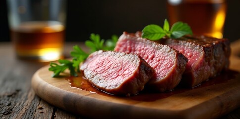 Rare steak slices, whiskey, wooden serving board, herb garnish, garnish, texture