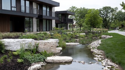 Modern homes, creek, landscaping, suburban setting, real estate