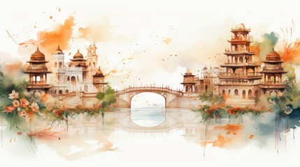 Serene Watercolor Landscape of a Historic Bridge and Architecture