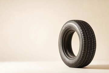 A Single Automotive Tire Isolated on a Neutral Beige Background