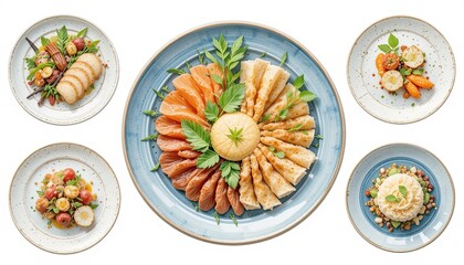 Gourmet food presentation culinary event plates of dishes kitchen aerial view gastronomy