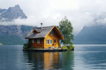 Fototapeta premium Wooden cabin on a lake island, nestled amongst majestic mountains. Perfect for illustrating tranquility, escape, or idyllic living.