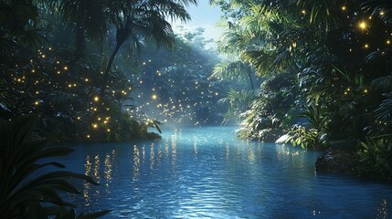 Fototapeta premium Fireflies and River in Lush Jungle