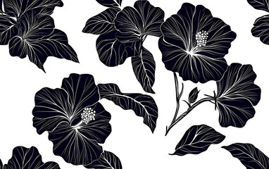Elegant black and white hibiscus flower seamless pattern design art leaf line plant style petal bloom