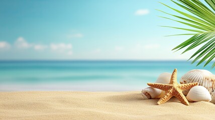 Starfish and Seashells on a Sandy Beach, A starfish and seashells resting on golden sand with a blurred ocean and blue sky in the background, evoking a tropical beach vibe.  
  
