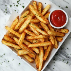 Crispy French Fries with Ketchup in a Serving Tray