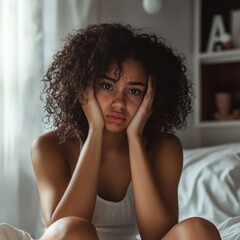 Thoughtful Young Woman Sitting in Bed Feeling Sad